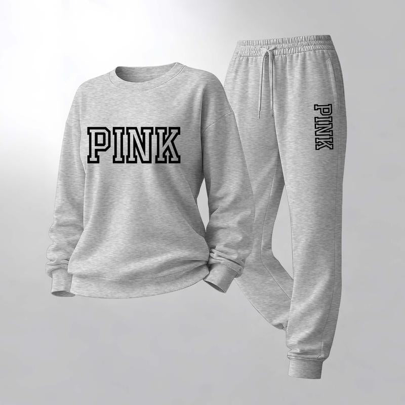 Women'S Pink Letter Print Crewneck Sweatshirt and Drawstring Track Pants Set, Casual Sportswear, Long-Sleeve round Neck Top and Pants, Suitable for Spring, Autumn and Winter, Everyday Wear
