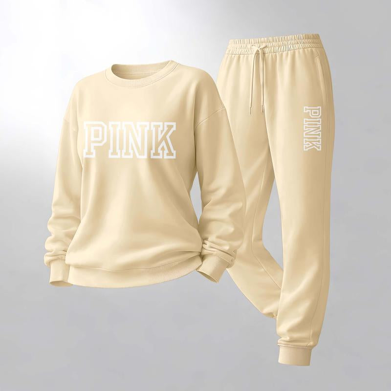 Women'S Pink Letter Print Crewneck Sweatshirt and Drawstring Track Pants Set, Casual Sportswear, Long-Sleeve round Neck Top and Pants, Suitable for Spring, Autumn and Winter, Everyday Wear