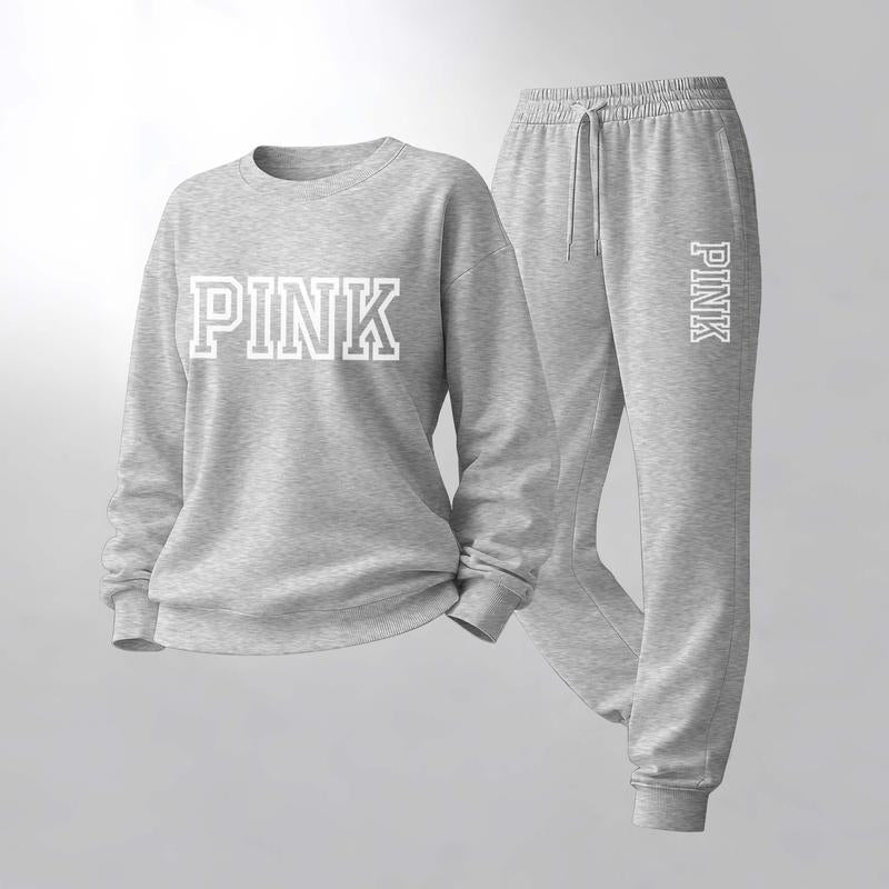 Women'S Pink Letter Print Crewneck Sweatshirt and Drawstring Track Pants Set, Casual Sportswear, Long-Sleeve round Neck Top and Pants, Suitable for Spring, Autumn and Winter, Everyday Wear