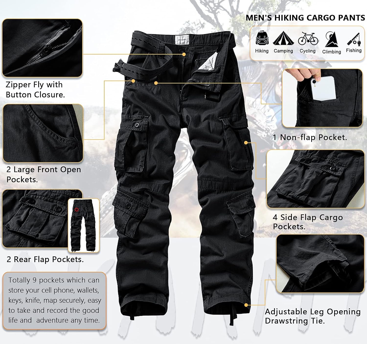 Men'S Casual Relaxed Fit Cargo Pants with Pockets, Outdoor Camo Cotton Work Pants for Men(No Belt)