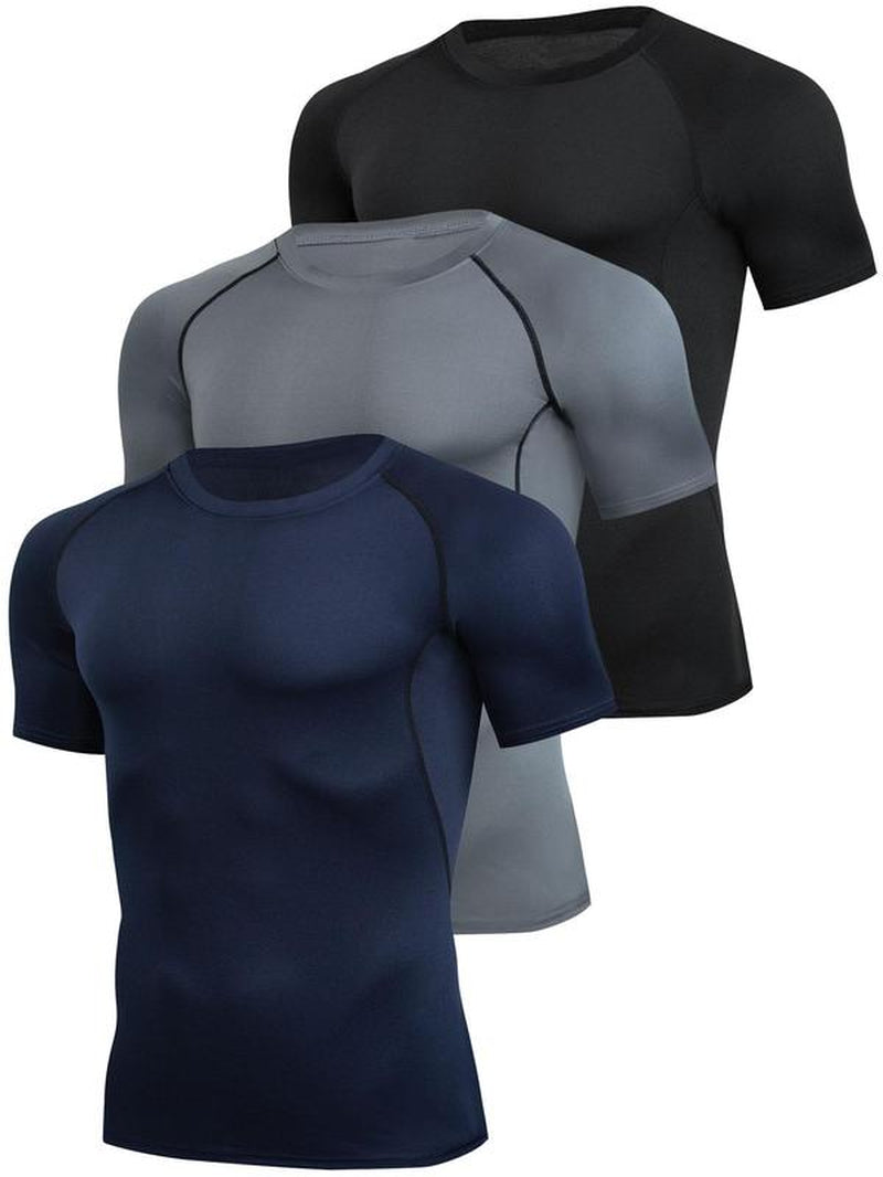 Men'S Contrast Binding round Neck Compression Sports Tee, Athletic Compression Shirts, Quick Drying Breathable Crew Neck Short Sleeve T-Shirt for Running Gym Workout, Casual Sporty Top for All Seasons, Activewear