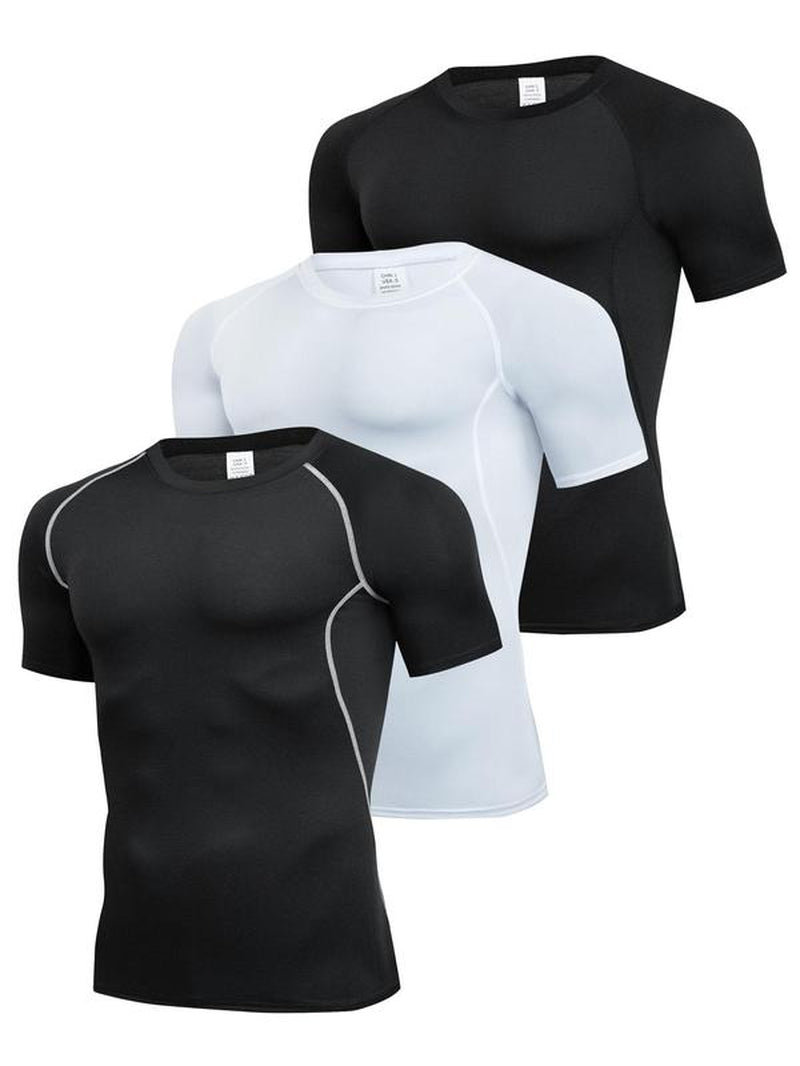 Men'S Contrast Binding round Neck Compression Sports Tee, Athletic Compression Shirts, Quick Drying Breathable Crew Neck Short Sleeve T-Shirt for Running Gym Workout, Casual Sporty Top for All Seasons, Activewear