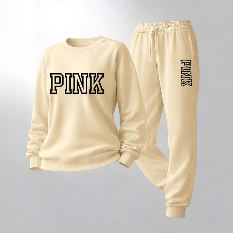 Women'S Pink Letter Print Crewneck Sweatshirt and Drawstring Track Pants Set, Casual Sportswear, Long-Sleeve round Neck Top and Pants, Suitable for Spring, Autumn and Winter, Everyday Wear