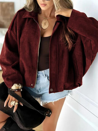 Women'S Suede Jacket, Faux Leather Bomber, Oversized Bat Sleeve Coat, Y2K Retro Vintage Style, Tiktok Viral