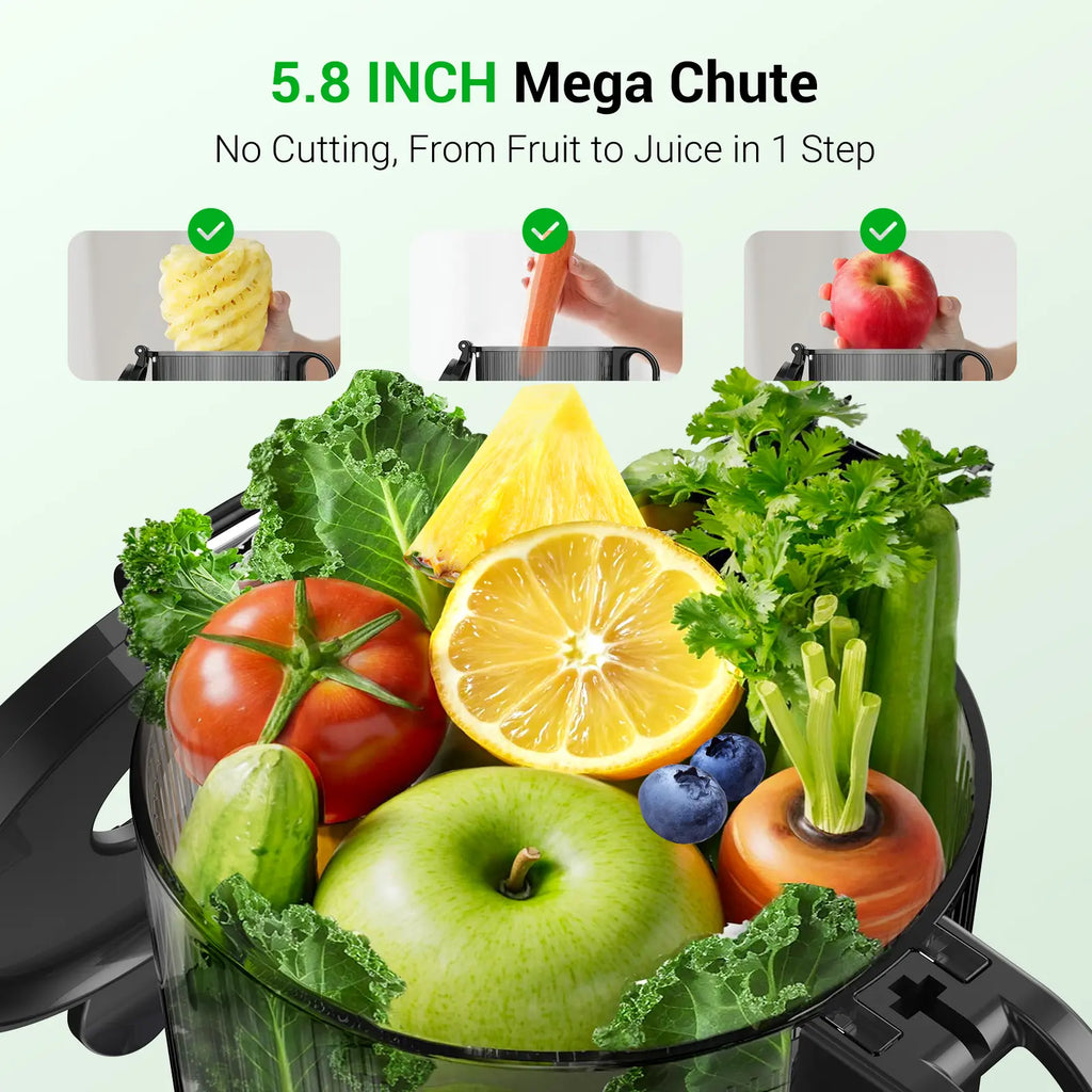Aeitto Max5 Juicer, Cold Press Juicer with 5.8" Large Feed Chute,1.7L Large Capacity, 250W Whole Masticating Juicers for Vegetable and Fruit, High Juice Yield, Easy to Clean with Brush, Ice Fruit, Bpa-Free, Smart Recipes App