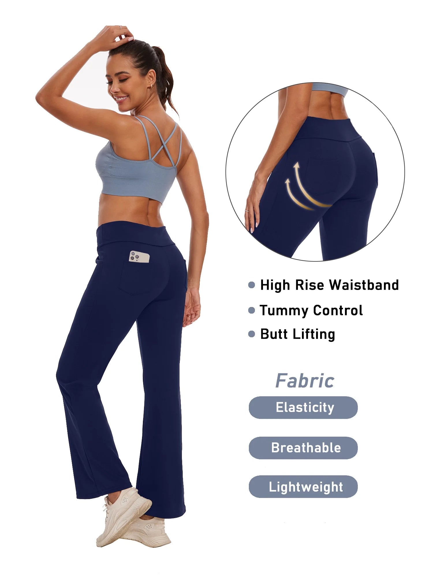 Womens Bootcut Yoga Pants with Pockets Flare Workout Legging High Waist Lightweight Bottoms Activewear Navy Blue 2XL