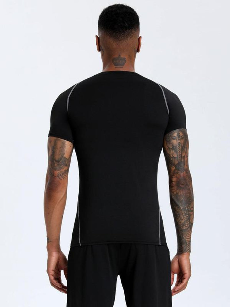 Men'S Contrast Binding round Neck Compression Sports Tee, Athletic Compression Shirts, Quick Drying Breathable Crew Neck Short Sleeve T-Shirt for Running Gym Workout, Casual Sporty Top for All Seasons, Activewear