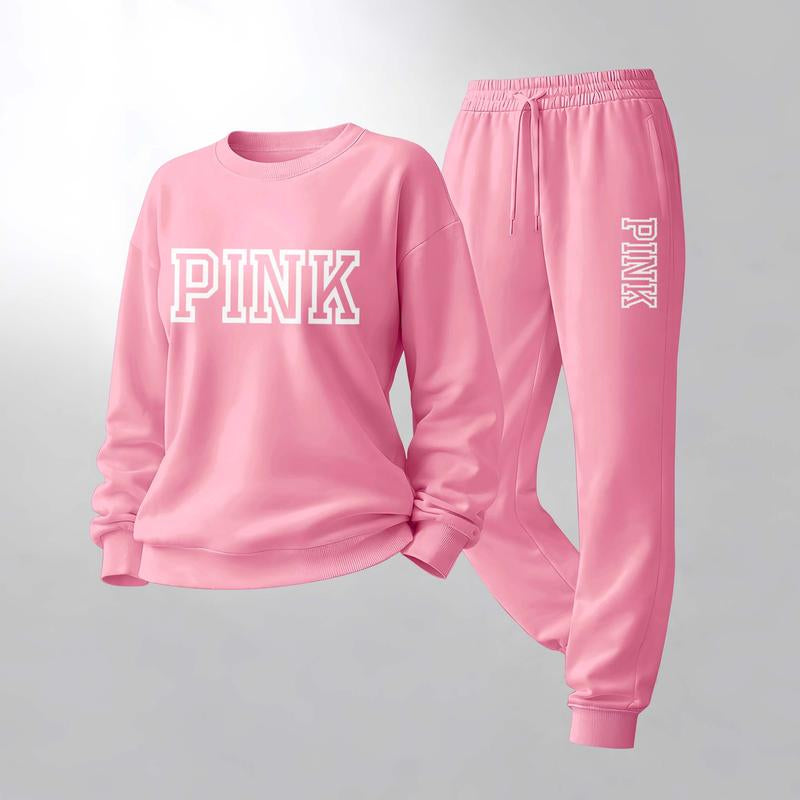 Women'S Pink Letter Print Crewneck Sweatshirt and Drawstring Track Pants Set, Casual Sportswear, Long-Sleeve round Neck Top and Pants, Suitable for Spring, Autumn and Winter, Everyday Wear