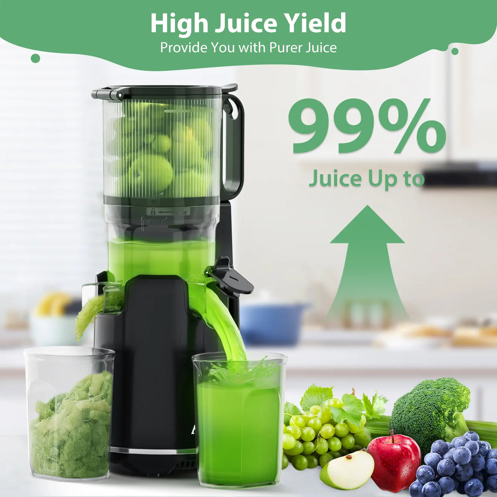 Aeitto Max5 Juicer, Cold Press Juicer with 5.8" Large Feed Chute,1.7L Large Capacity, 250W Whole Masticating Juicers for Vegetable and Fruit, High Juice Yield, Easy to Clean with Brush, Ice Fruit, Bpa-Free, Smart Recipes App
