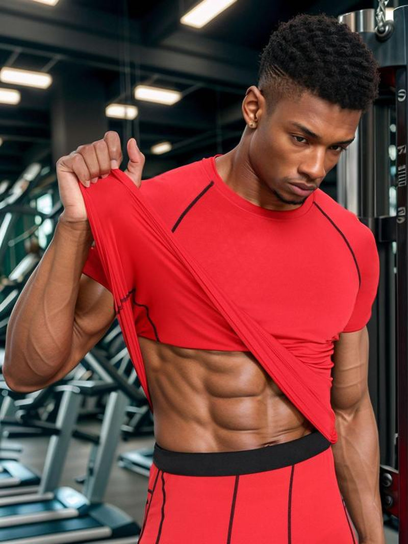 Men'S Contrast Binding round Neck Compression Sports Tee, Athletic Compression Shirts, Quick Drying Breathable Crew Neck Short Sleeve T-Shirt for Running Gym Workout, Casual Sporty Top for All Seasons, Activewear