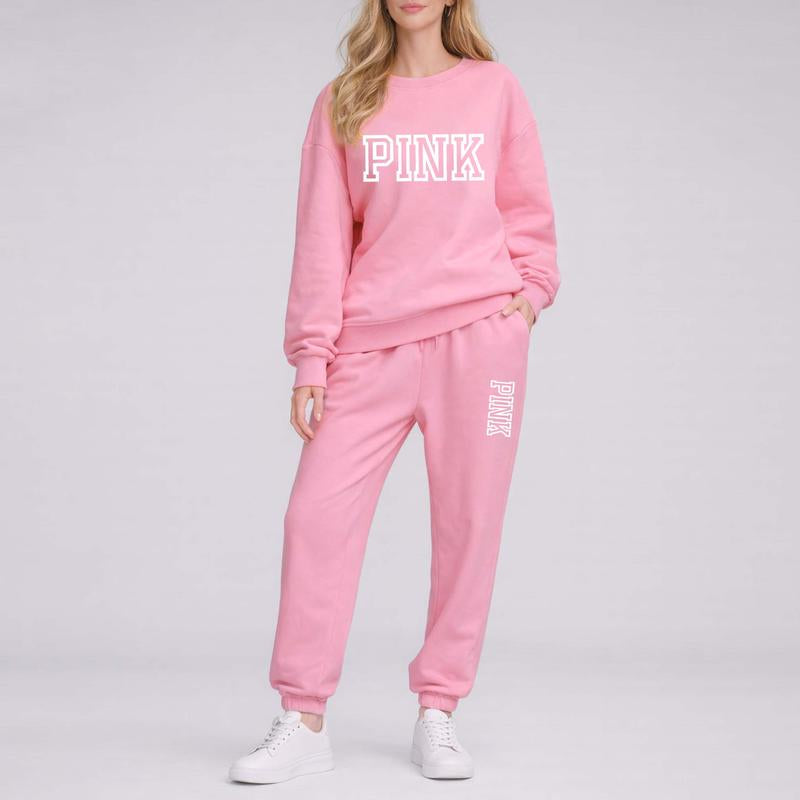 Women'S Pink Letter Print Crewneck Sweatshirt and Drawstring Track Pants Set, Casual Sportswear, Long-Sleeve round Neck Top and Pants, Suitable for Spring, Autumn and Winter, Everyday Wear