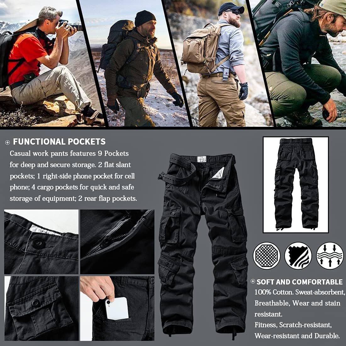 Men'S Casual Relaxed Fit Cargo Pants with Pockets, Outdoor Camo Cotton Work Pants for Men(No Belt)