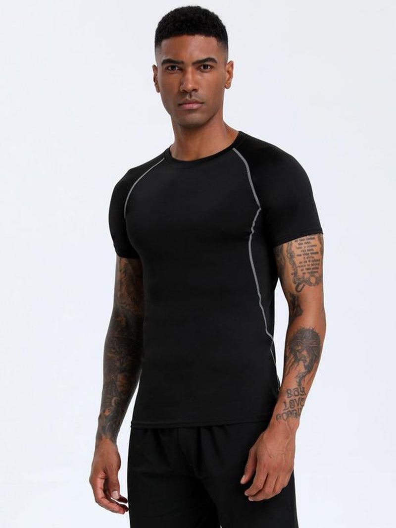 Men'S Contrast Binding round Neck Compression Sports Tee, Athletic Compression Shirts, Quick Drying Breathable Crew Neck Short Sleeve T-Shirt for Running Gym Workout, Casual Sporty Top for All Seasons, Activewear