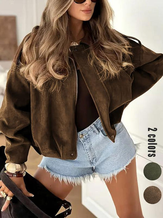 Women'S Suede Jacket, Faux Leather Bomber, Oversized Bat Sleeve Coat, Y2K Retro Vintage Style, Tiktok Viral